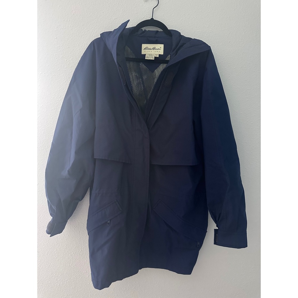Eddie Bauer Gore-Tex Rain Jacket Womens Large Navy Blue Hooded Windbreaker Coat